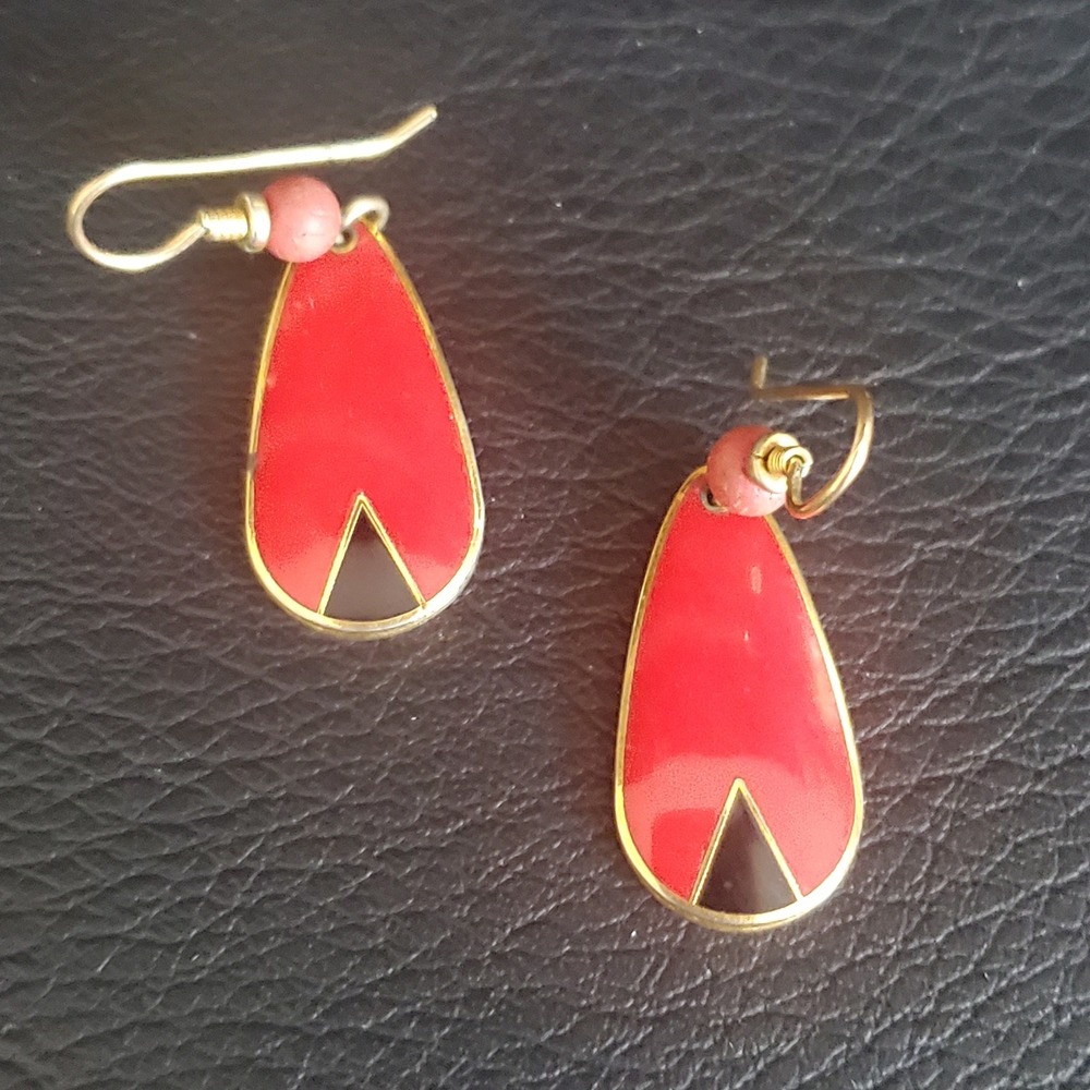 Laurel Burch Vintage Red Enamel Teardrop Dangle Earrings Gold Tone Boho 1990's